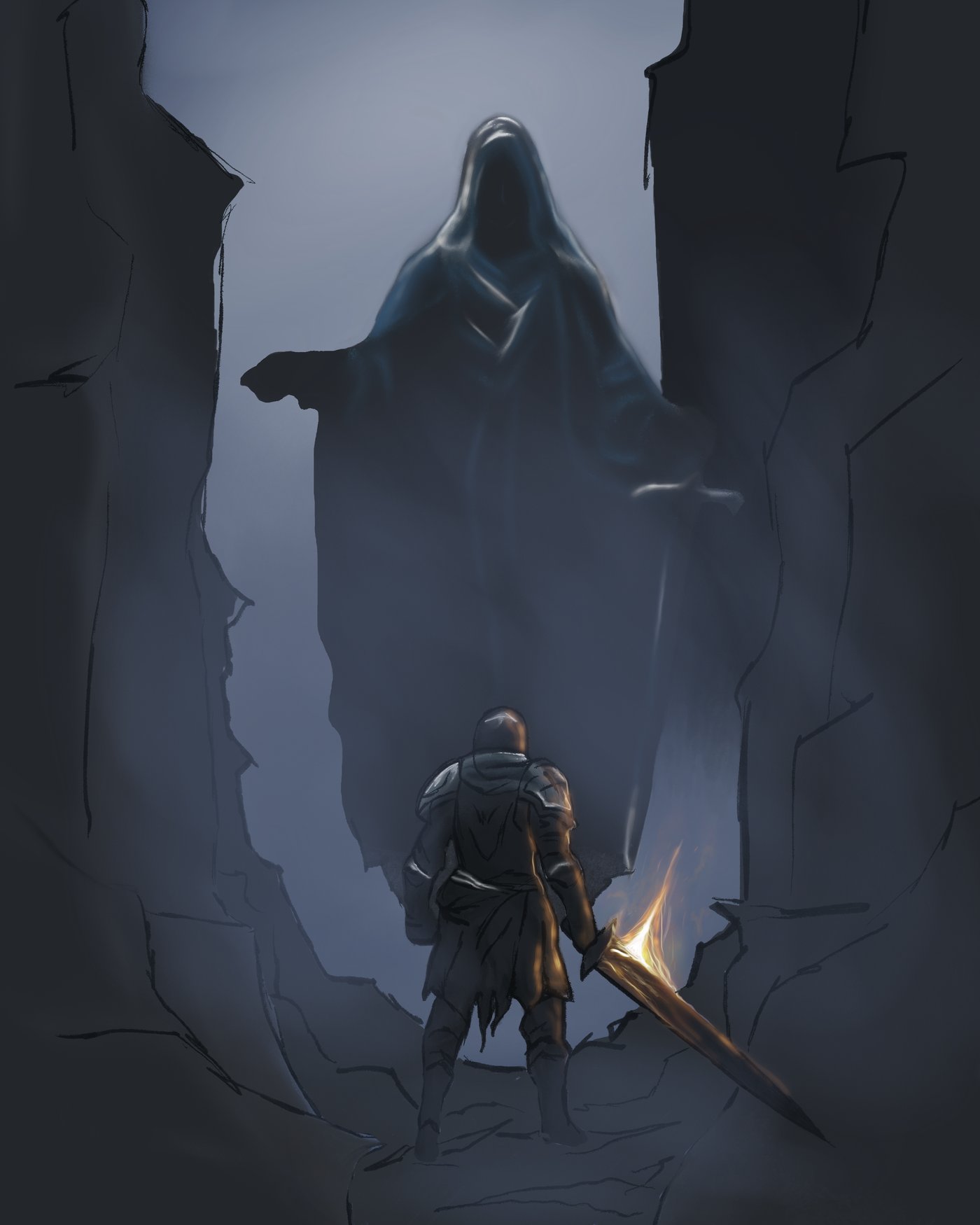 Echoes of Myth — an armoured knight holding a flaming sword, facing a tall hooded figure in a stone canyon