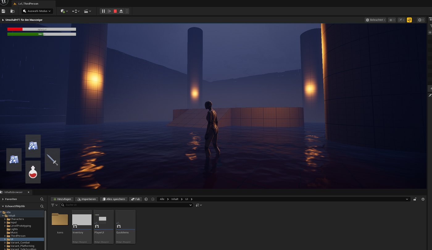 Echoes of Myth in the Unreal Engine 5 editor — a third-person character in a flooded, monolith-lined arena