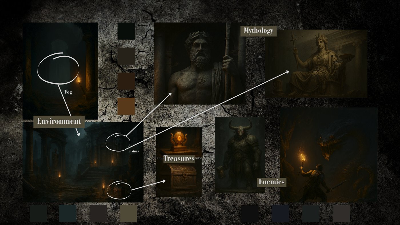 Early environment mood board — reference imagery for fog, statues, mythology and treasure motifs