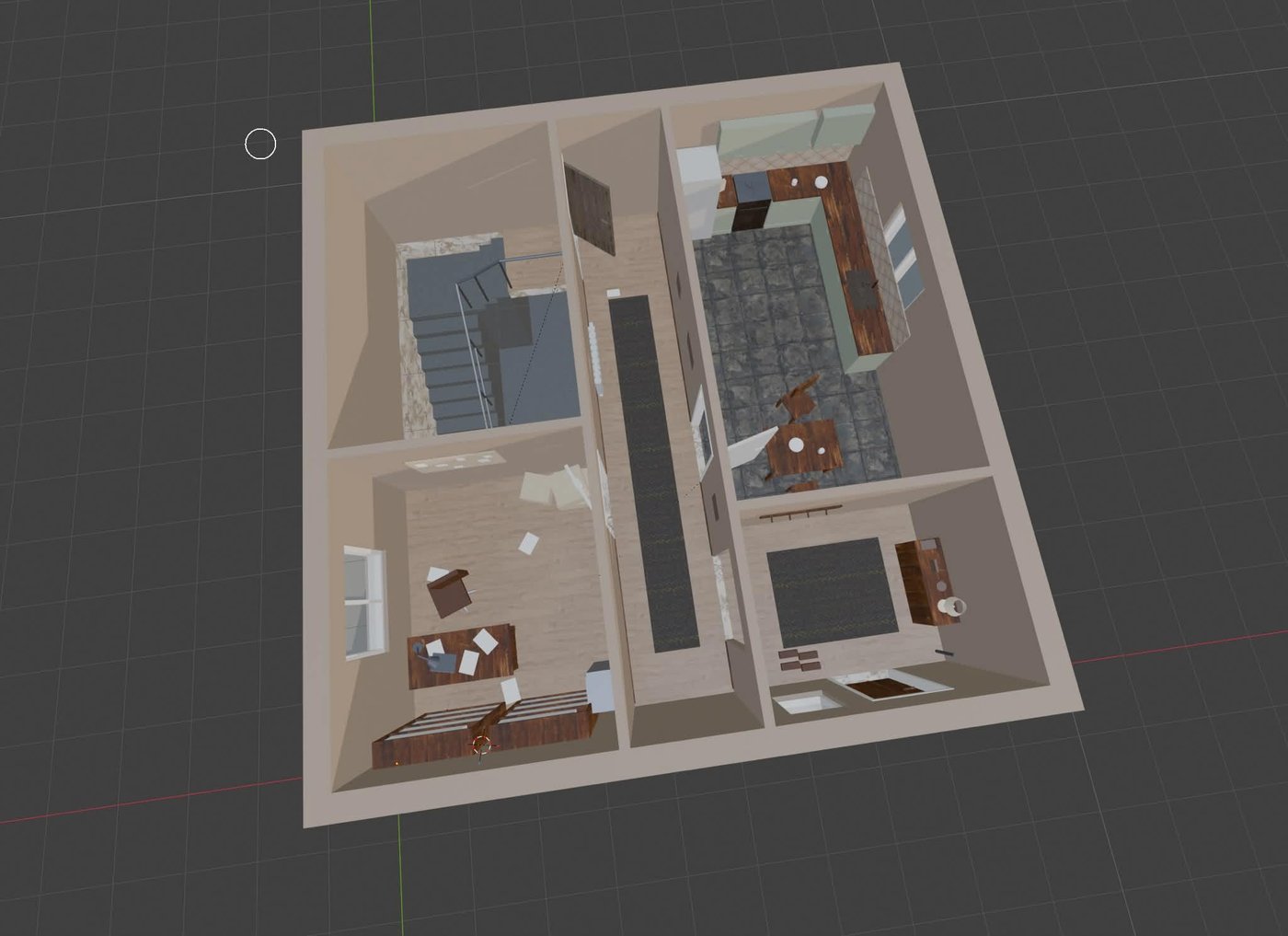 Unscripted in the Unity editor — the full apartment layout seen from above, showing bedroom, bathroom, kitchen, hallway and stairwell