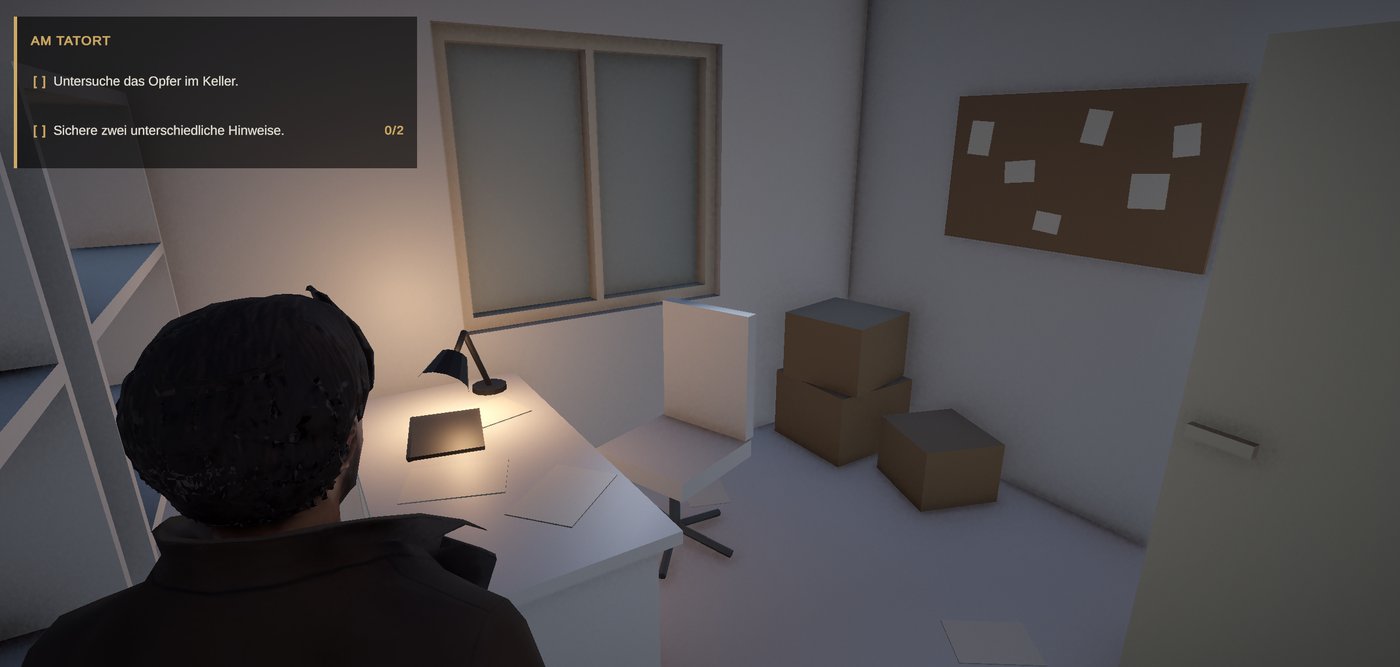 Unscripted — investigating a room at the crime scene, with an objective panel and an evidence corkboard visible